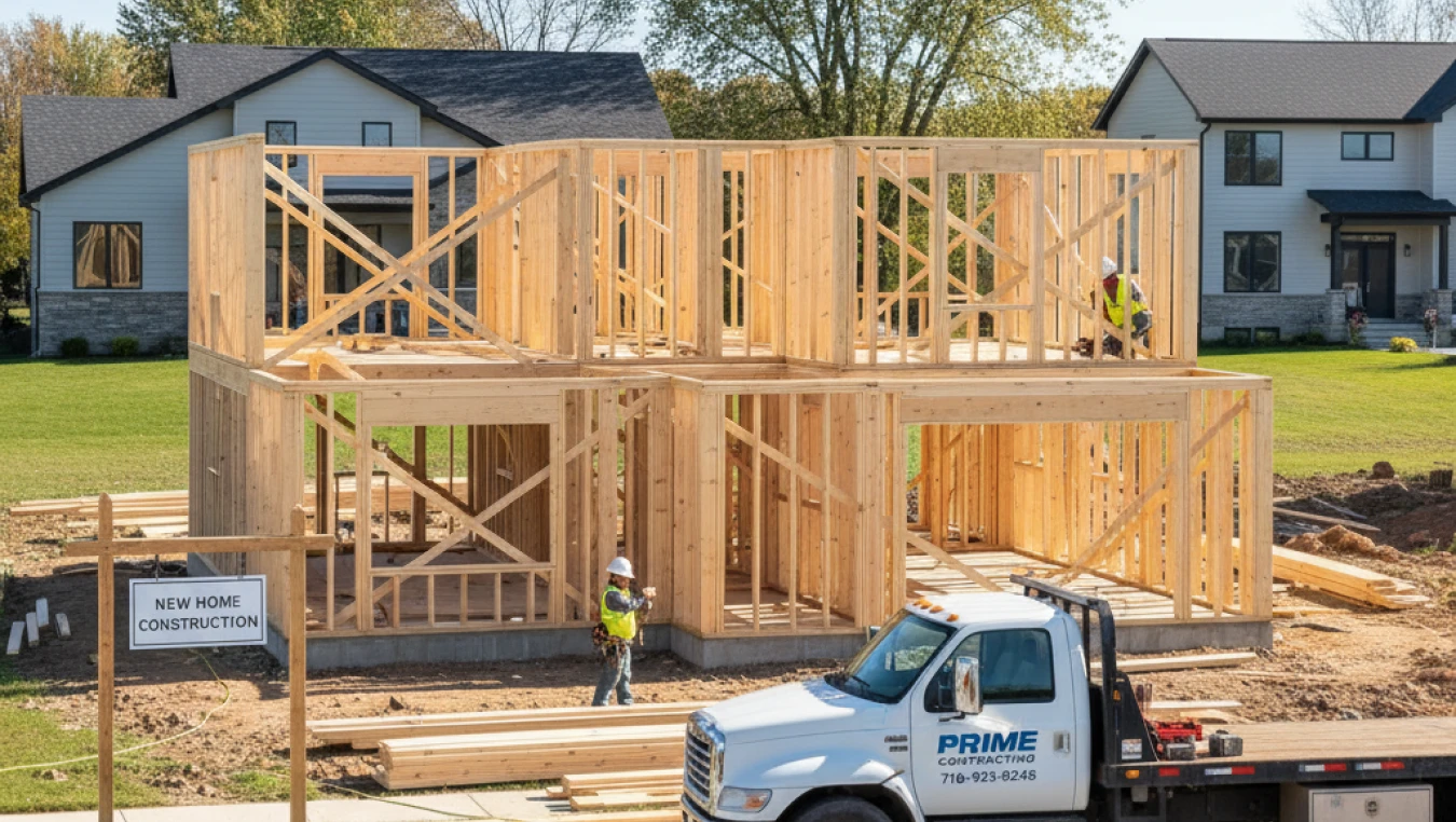 Wooden frame of a two story house under construction with workers and a Prime Contracting truck on site
